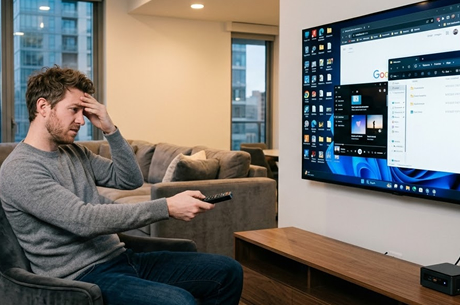 Frustrated person using TV remote at cluttered Windows desktop on TV.
