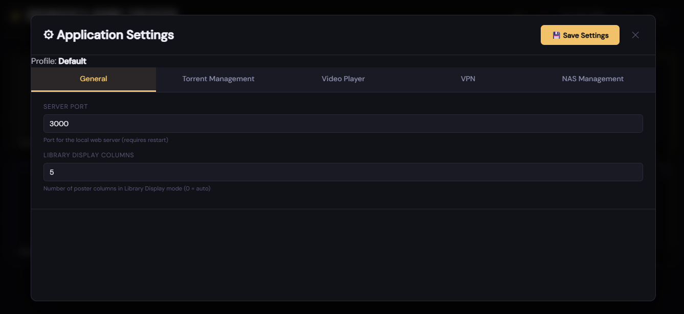 Settings modal general tab with app controls.