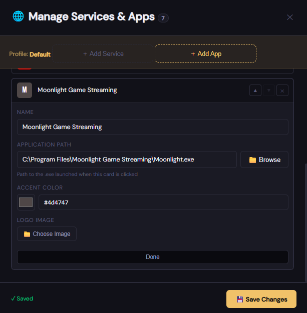 Screenshot of the CinemaOS Services panel showing a list of configured streaming services (Netflix, Disney+, YouTube) each with an edit pencil icon and a delete trash icon, plus Add Service and Add Application buttons at the bottom
