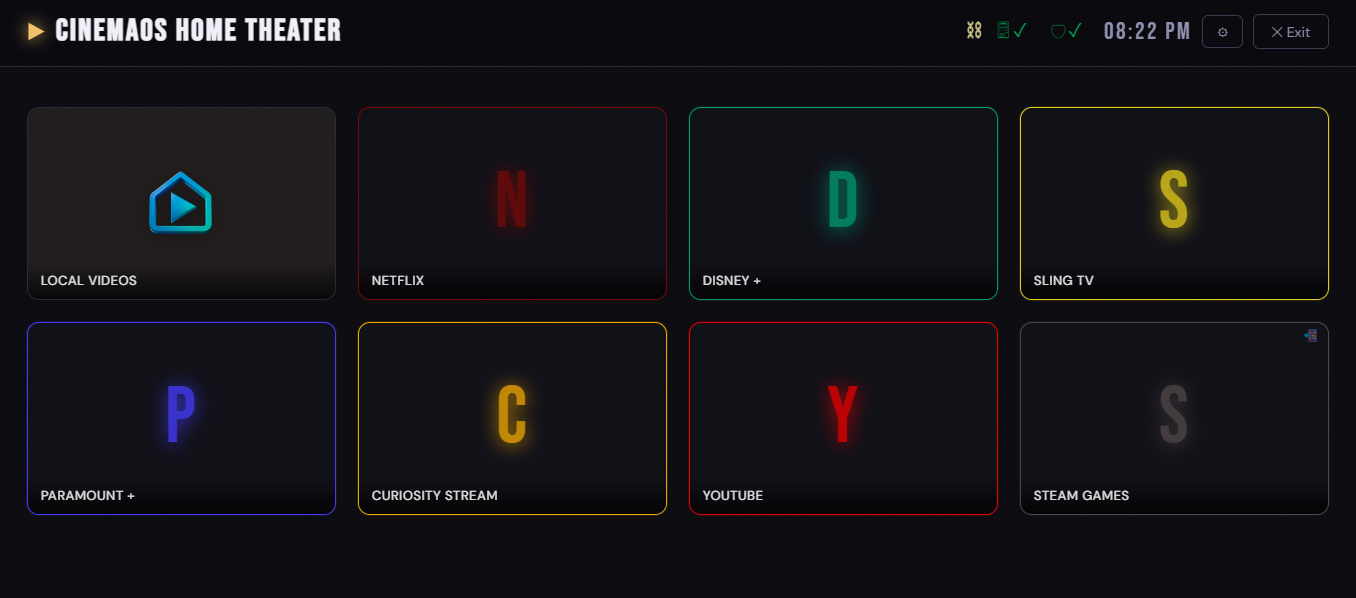 Screenshot of the CinemaOS home page filling a TV screen, showing the service tile grid with Netflix, Disney+, and other streaming service tiles, the header toolbar with clock and settings icon, and the VPN status pill