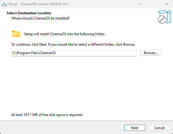 Screenshot of the CinemaOS installer wizard showing the Choose Install Location step with the default C:\Program Files\CinemaOS path pre-filled and the Install button