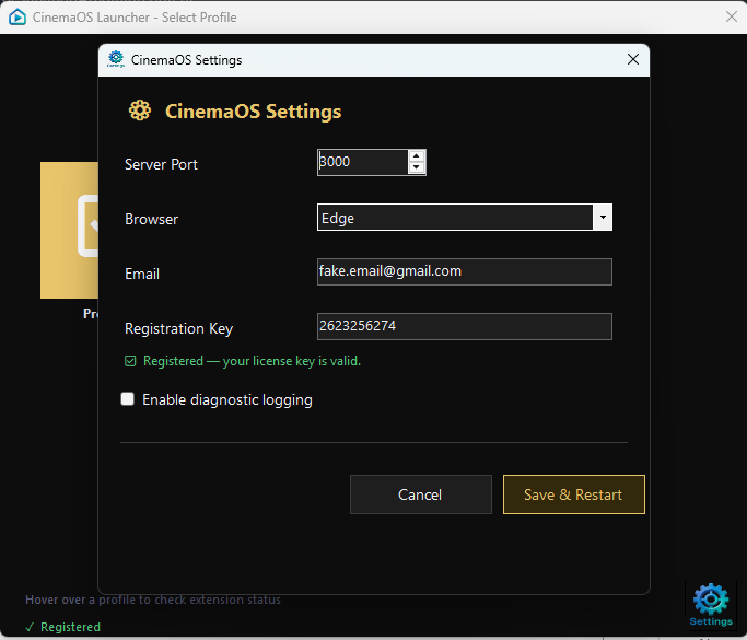 Screenshot of the CinemaOS Launcher Settings dialog showing fields for Server Port (set to 3000), Browser dropdown (set to Auto-detect), Email and Registration Key text boxes with a Registered status label, and an Enable Diagnostic Logging checkbox